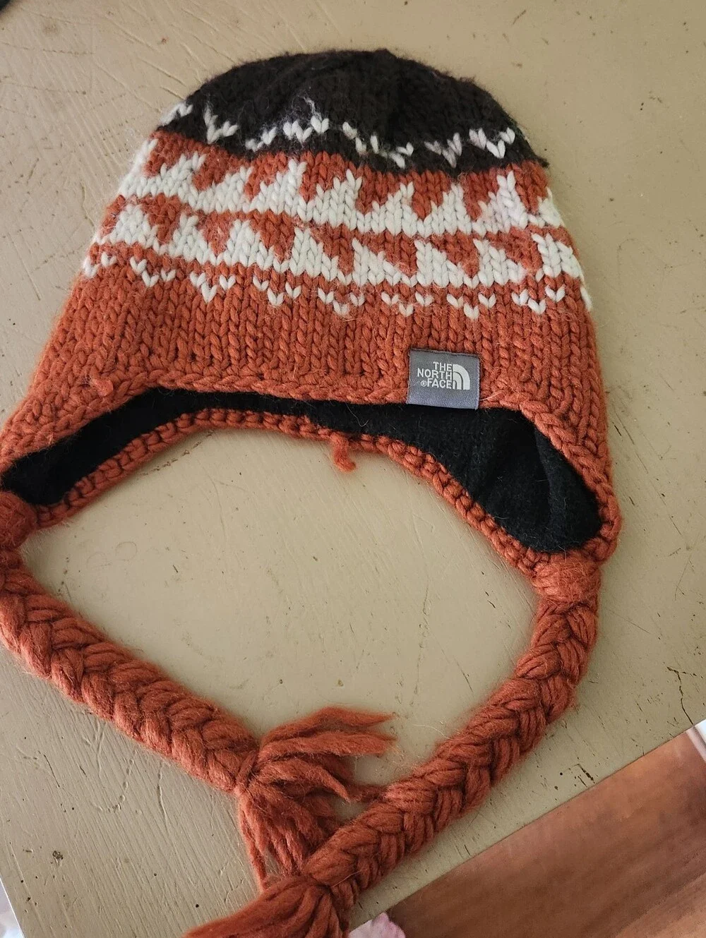 The North Face Kids Burnt Orange, White & Dark Brown Knit Earflap Hat